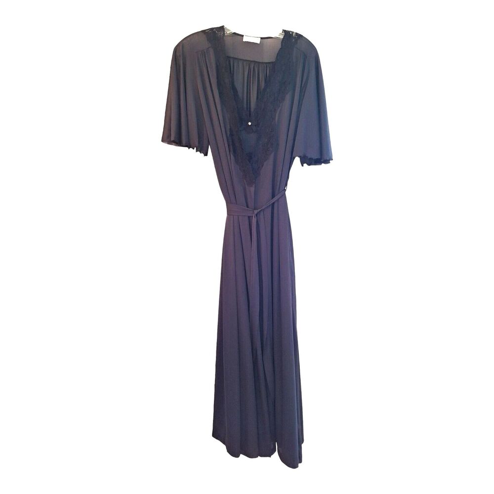 VINTAGE USA MISS ELAINE PEIGNOIR SET BLACK NIGHTGOWN and ROBE LONG LACE SMALL